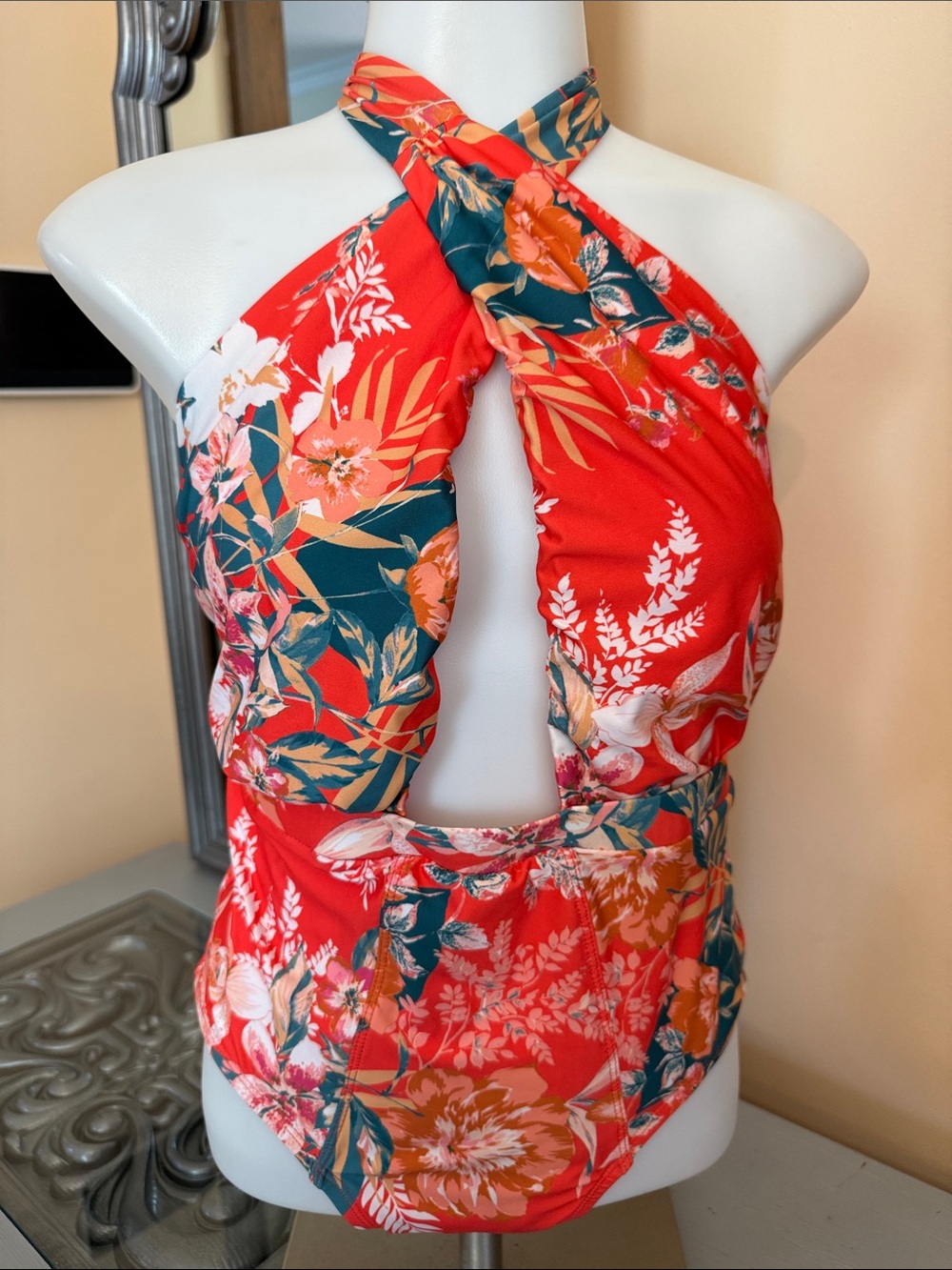 ModCloth Medium Red Tropical Floral Halter One-Piece Swimsuit